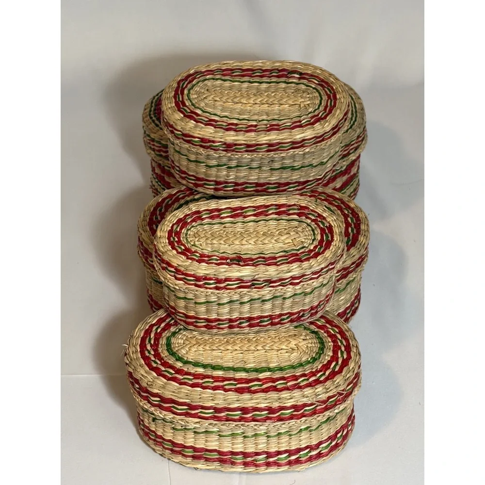 VTG 70s Nesting Baskets w Lids & Handles Set of 5, People's Republic of China